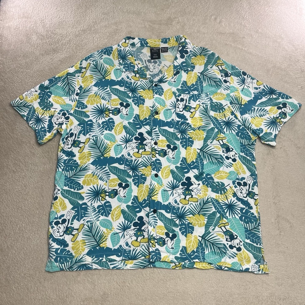 Disney Mickey Mouse Hawaiian 100% Rayon Shirt Teal Yellow White Tropical XXL